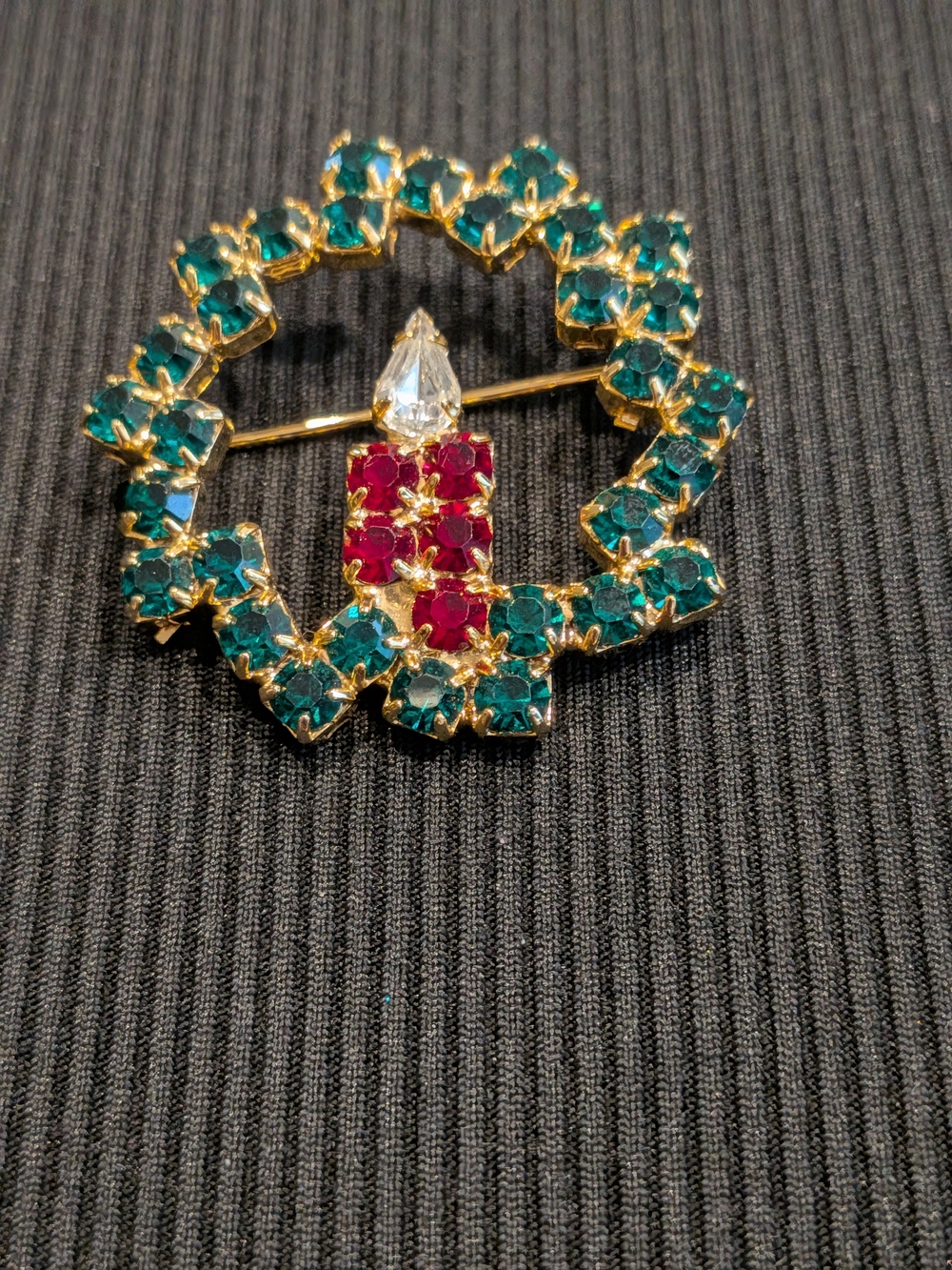 #1: Gold-Tone Holiday Wreath Brooch with Emerald and Ruby Crystals Vintage 1980s